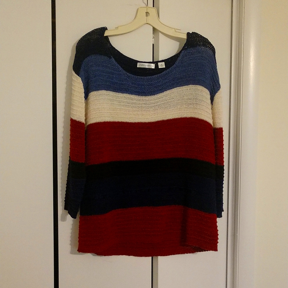 NWOT Passports Women's Maroon Blue Black White Striped Cover-up Sweater Size M